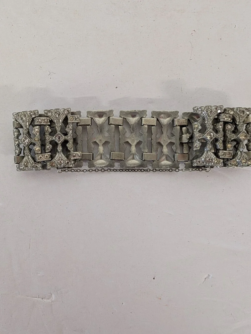 Vintage Bracelet ART DECO Rhinestone Crystal Link Silver Wide Cuff